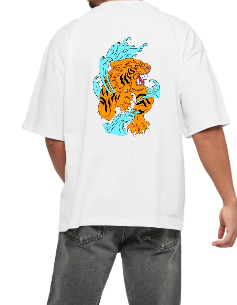 White Oversized Printed T Shirt for Bikers - Tiger