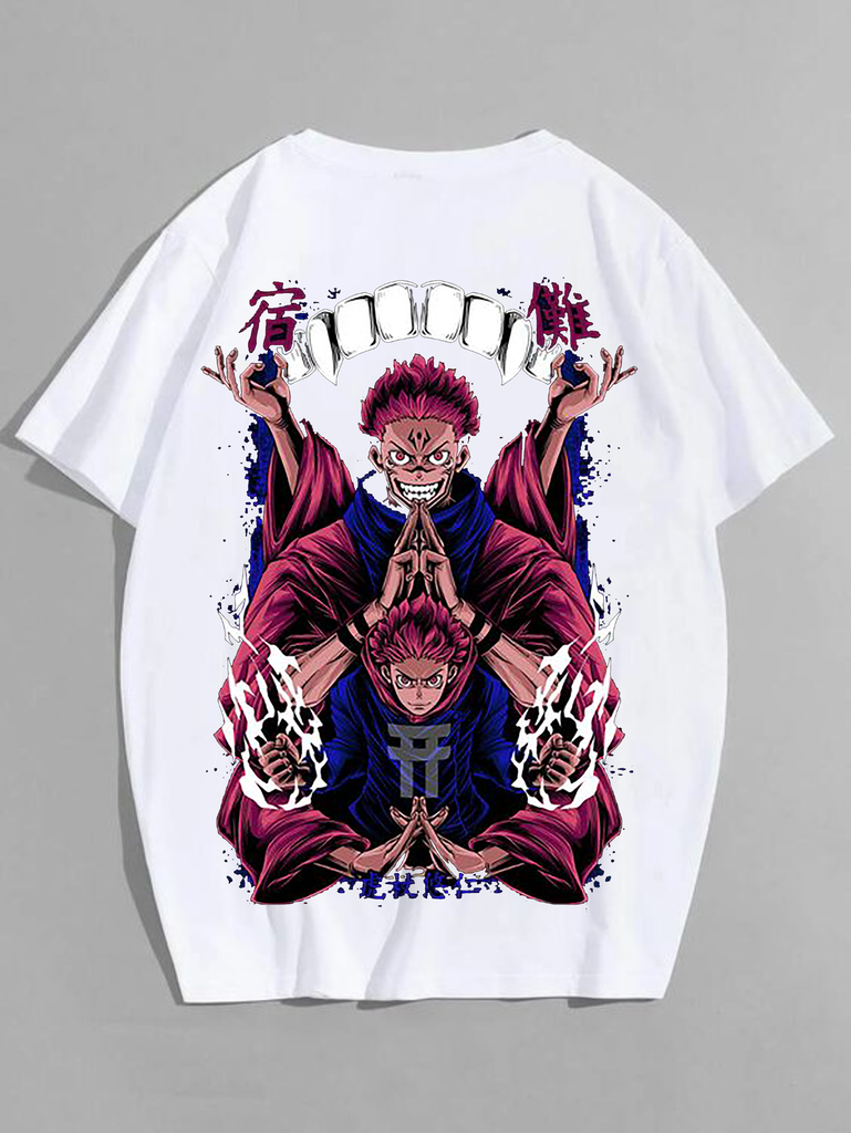 White- Oversized Printed T-Shirt - Yuji Itadori