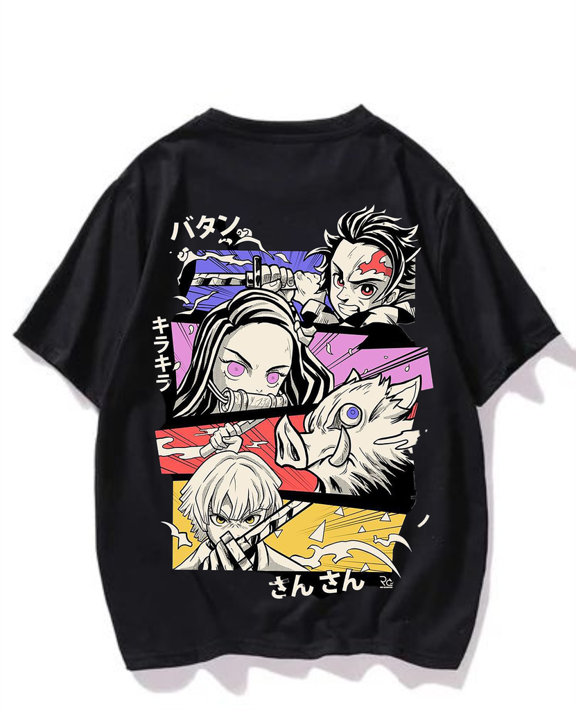 Black- Oversized Printed T-Shirt - DEMON SLAYER