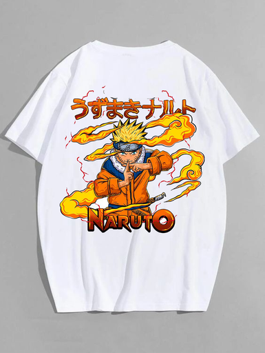 White- Oversized Printed T-Shirt - Naruto