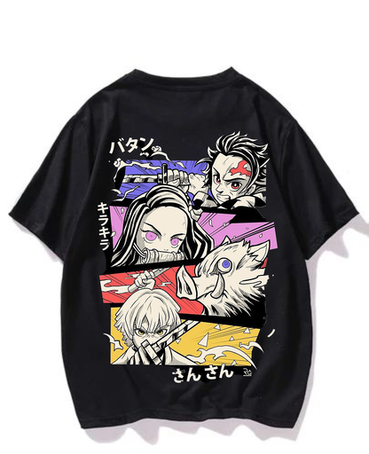 Black- Oversized Printed T-Shirt - DEMON SLAYER
