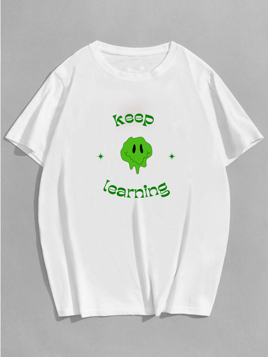 White Oversized Printed T-Shirt - Keep Learning