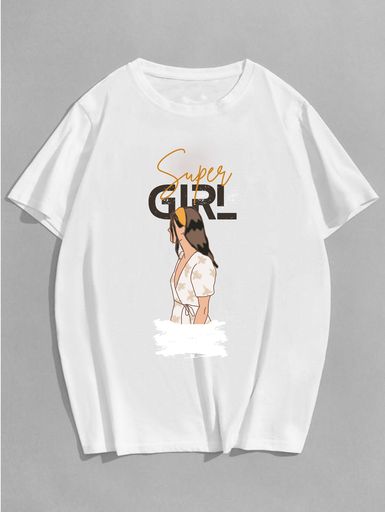 White Oversized Printed T-Shirt - Super Girl