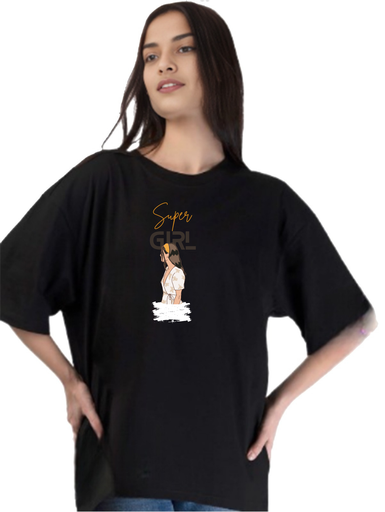 Black Oversized Printed T-Shirt - Super Girl