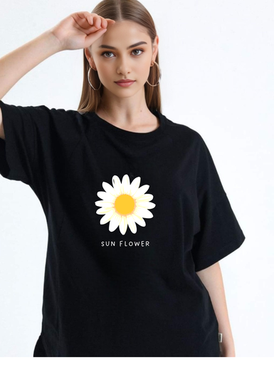 Black Oversized T-Shirt - Sun Flower