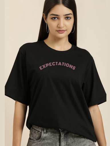 Girls Oversized Printed Black T Shirt - Expectations