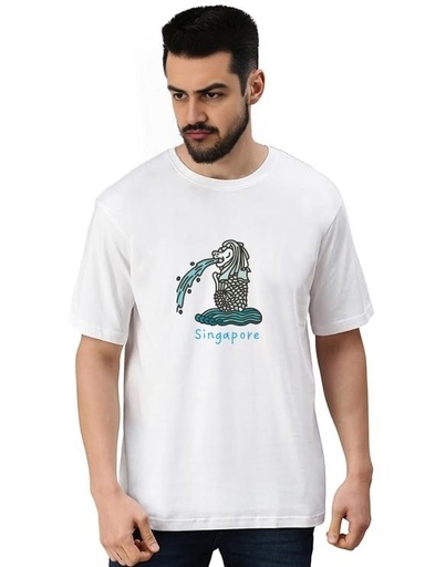 White Oversized Country T-Shirt - Singapore Merlion