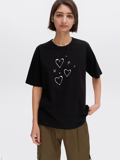 Black Printed Girls T-Shirt - Heart White