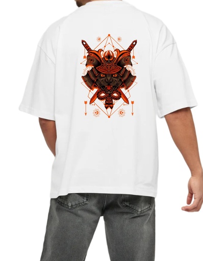 White Oversized Printed T-Shirt for Bikers - Samurai Cat