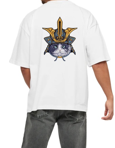 White Oversized Printed T Shirt for Bikers - Samurai Cat Mask
