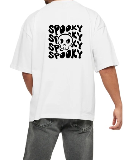 White Oversized Printed T Shirt for Bikers - Spooky