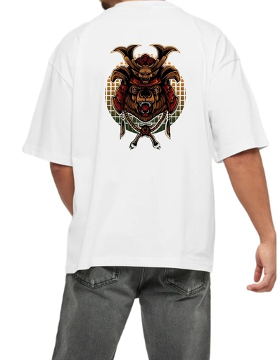 White Oversized Printed T Shirt for Bikers - Bear Enime