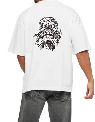 White Oversized Printed T Shirt for Bikers - Skull