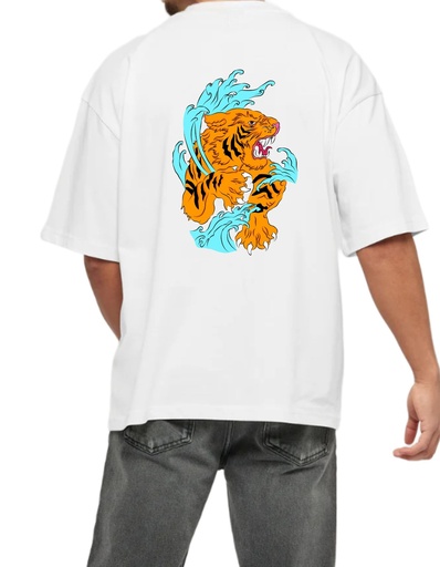 White Oversized Printed T Shirt for Bikers - Tiger