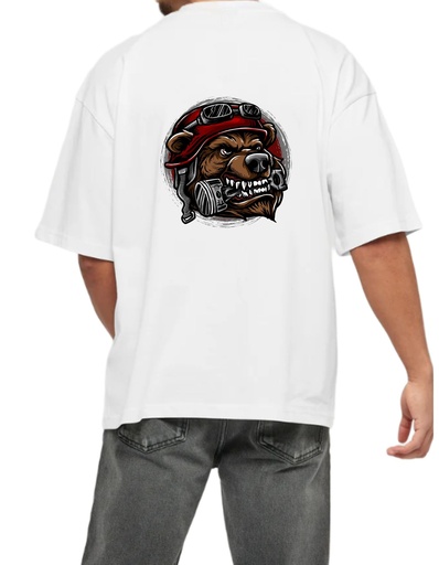 White Oversized Printed T Shirt for Bikers - Wolf