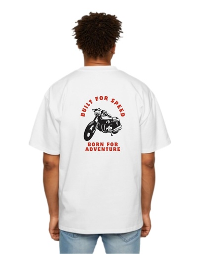 White Oversized Printed T Shirt for Bikers - Built for Speed Adventure