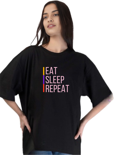 Black- Oversized Printed T-Shirt - Sleep Eat