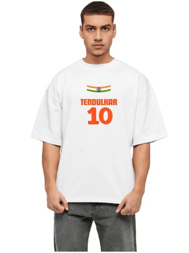 White Oversized Cricket Fun T-Shirt - Tendulkar number 10
